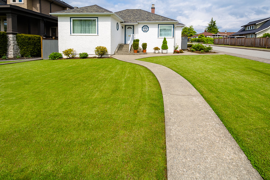 a house with concrete pathway with lawn sides